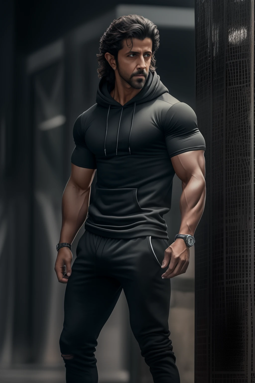 A man in a black hoodie and black pants standing in front of a pole -  SeaArt AI, image size:1024x1536