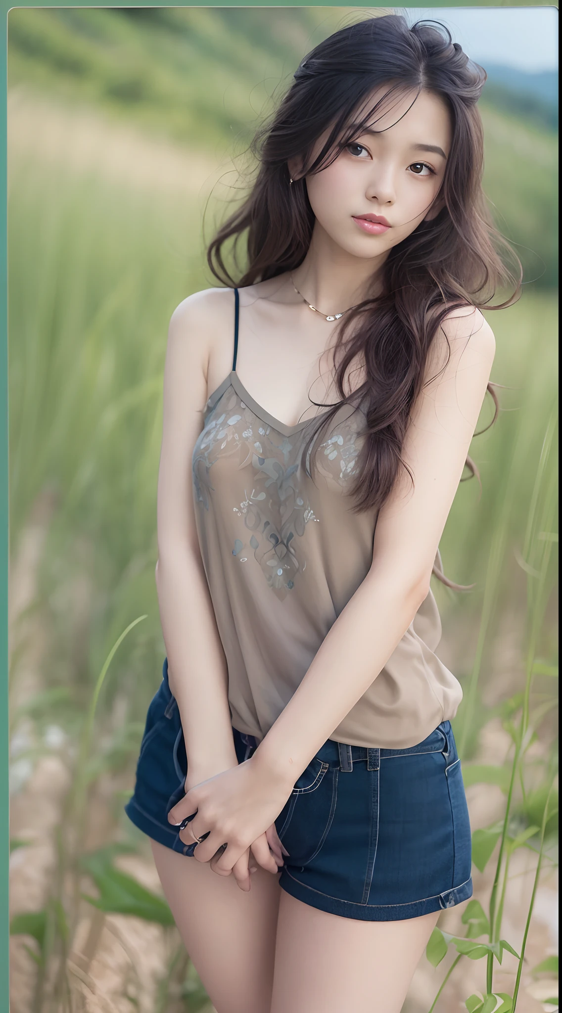 21 year old girl,独奏、Smirk,semi long hair、Curly hair,Retro,Film Grain Beautiful Landscape、Model body type、Slimed、A slender、beauty legs、Height 171 cm、a small face、realistic skin textures、Camisole、Short pants、sandal、sano、Innocence