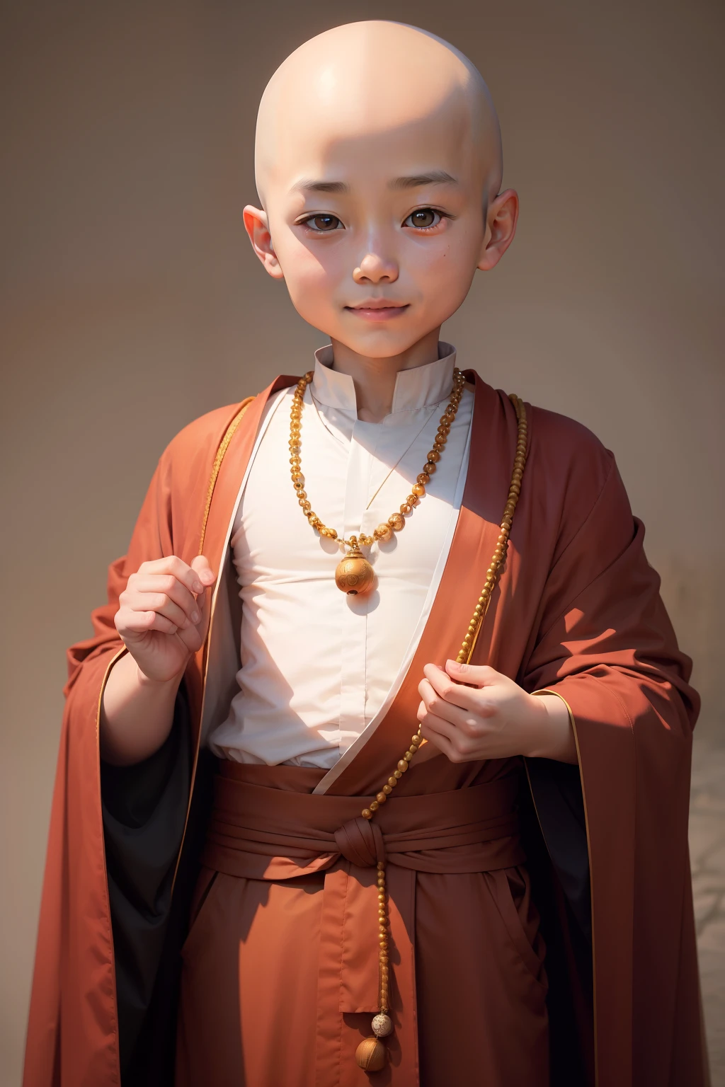 A little bald monk in a robe,Round little face,White and tender,Cute little bald monk, monk clothes, Ancient Chinese monks, high quality portrait, buddhist monk, portrait of monk, Buddhist, monk, wearing brown robes, Portrait shooting, cute portrait, 2 1 st century monk, dressed in simple robes, Cute boy, Innocent smile, Stand and smile,wearing a long flowing robe,On his chest hangs a necklace of Bodhi Buddha beads