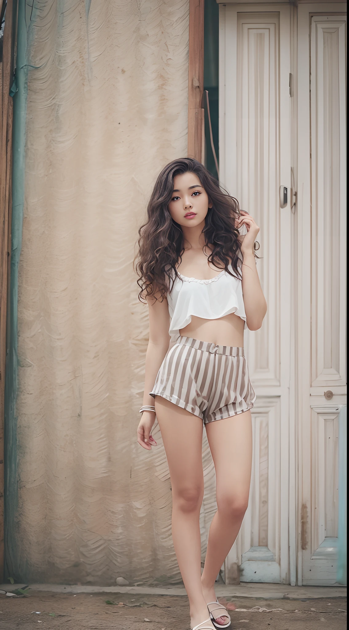 21 year old girl,独奏、Smirk,semi long hair、Curly hair,Retro,Film Grain Beautiful Landscape、Model body type、Slimed、A slender、beauty legs、Height 171 cm、a small face、realistic skin textures、Camisole、Short pants、sandal、sano、Innocence