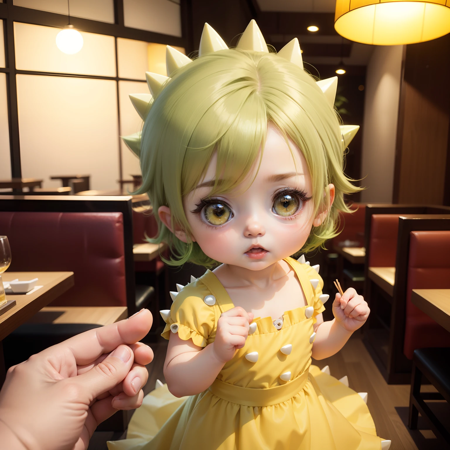 Cute Baby Chibi Anime,Pearl Yellow Dress,dark green spiky hair,Inside a high-class sushi restaurant