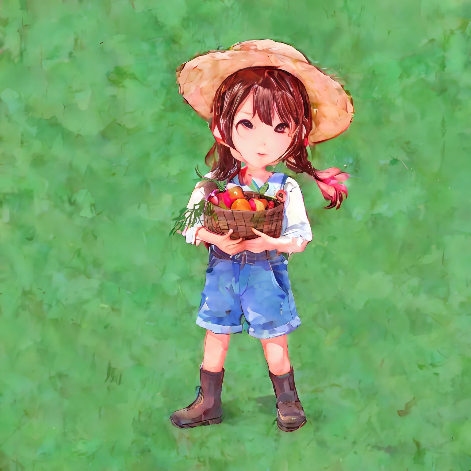 There was a girl holding a basket of fruits and a bird, japanesse farmer, wearing farm clothes, farmer, gardening, character is in her natural pose, She is the center of the garden, Loli, small loli girl, on the garden, wearing a straw hat and overalls, Abigail from Stardew Valley, a variety of poses, with straw hat, up of young anime girl