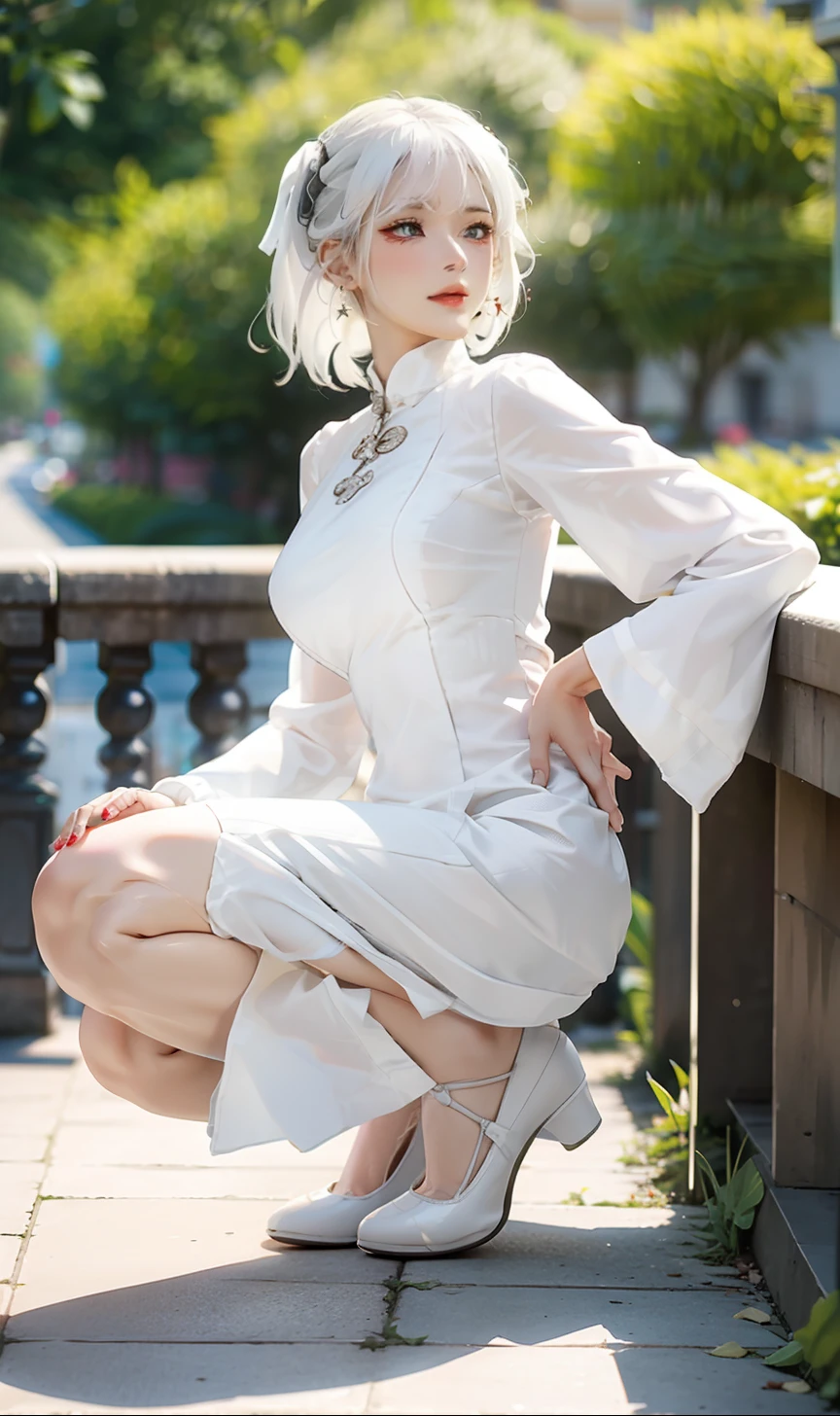Close-up of a woman with white hair,period costume,white dresses,((High heels in the city)),(full bodyesbian),(((sitted))),8K quality