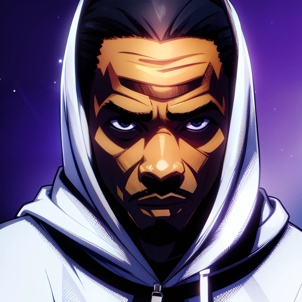 there is an African man in a hoodie looking up at the camera, low quality footage, low quality video, very very low quality picture, selfie, profile picture, looking defiantly at the camera, looking away from camera, showing forehead, hood and shadows covering face, anime