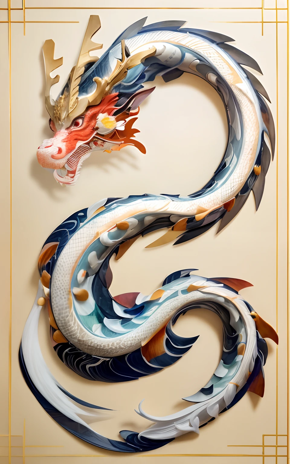 The majestic Chinese dragon depicts a gentle smile，Rounded antlers，Carp scales，Paper Cuttings style，rich details​，Clean and smooth lines，Create exquisite craftsmanship，8K，China-style，National tide