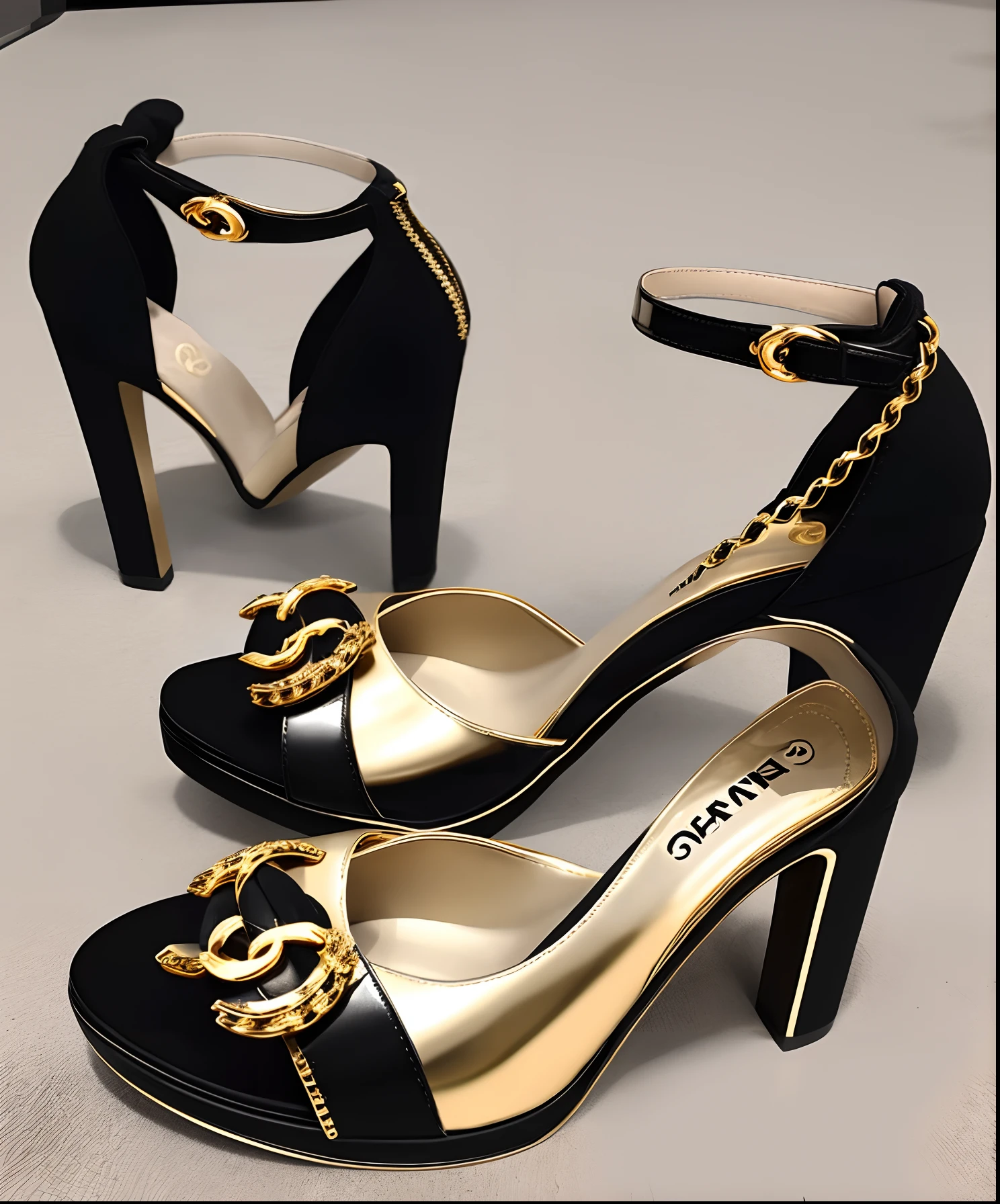 Draw a pair of Chanel black high-heeled sandals，Roman upper with gold chanel metal trim