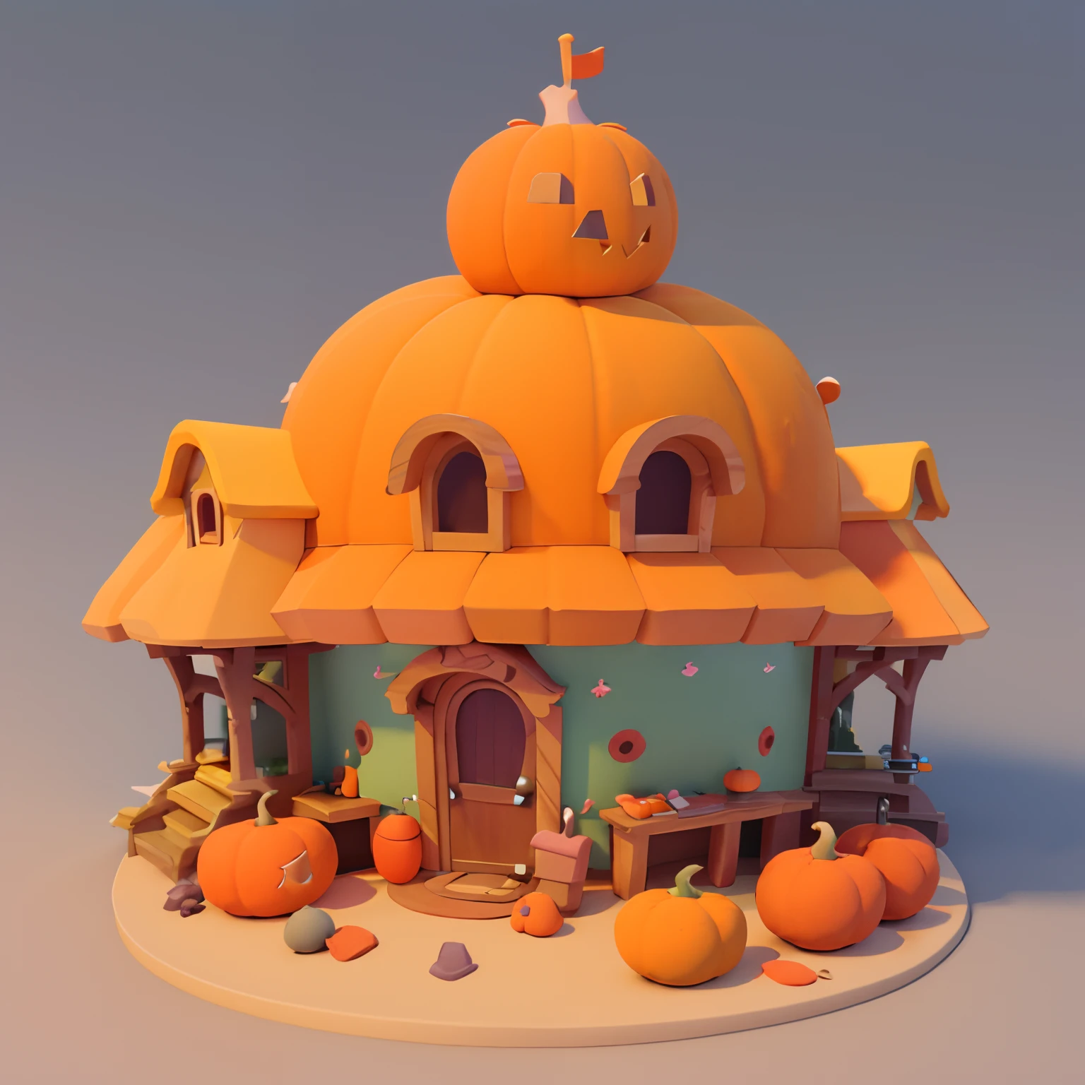 Game architectural design, Cartoony,Pumpkin house，The pumpkin matches the building，casual game style, Carrot building,C4D，closeup cleavage，tmasterpiece，super detailing，best qualtiy