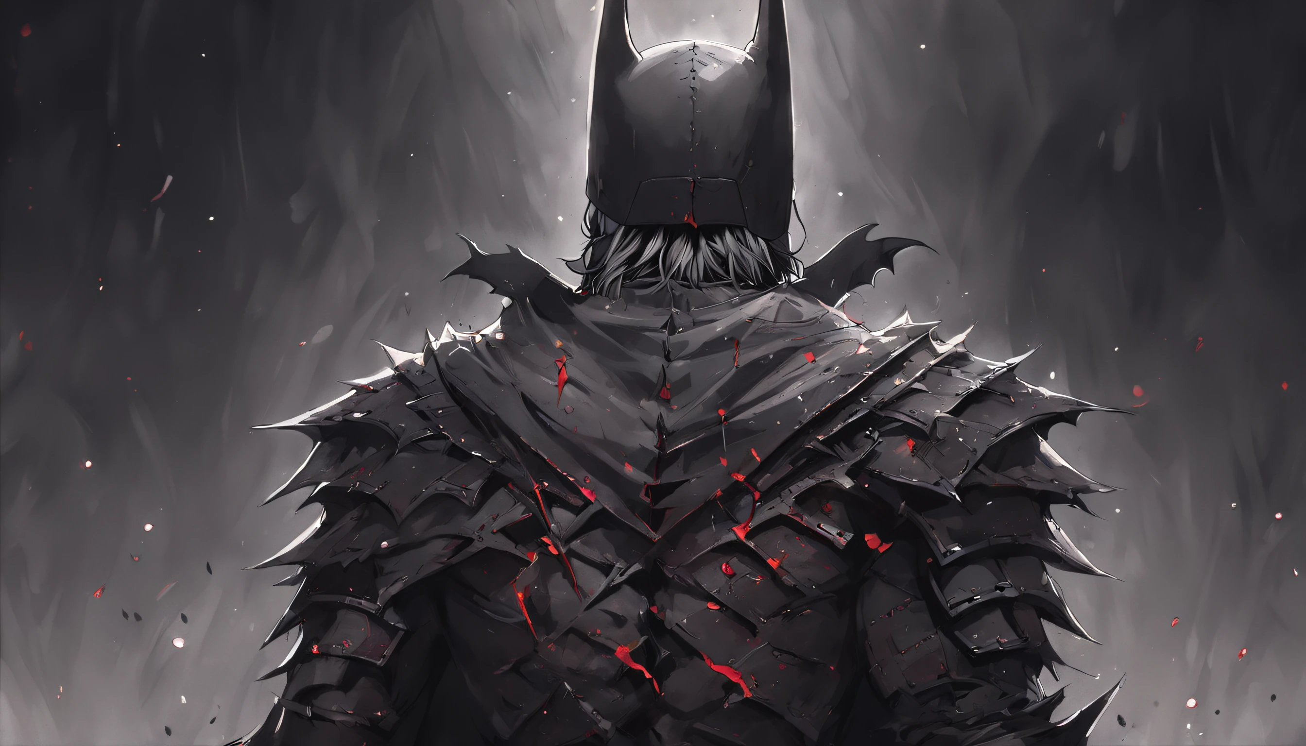 "Batman Viking with the face of the jester, Left smile, blood tears, dark, exceptional quality, multiple facial scars, back view, Batman who laughs, dark Viking armor, Gothic style, grayscale."