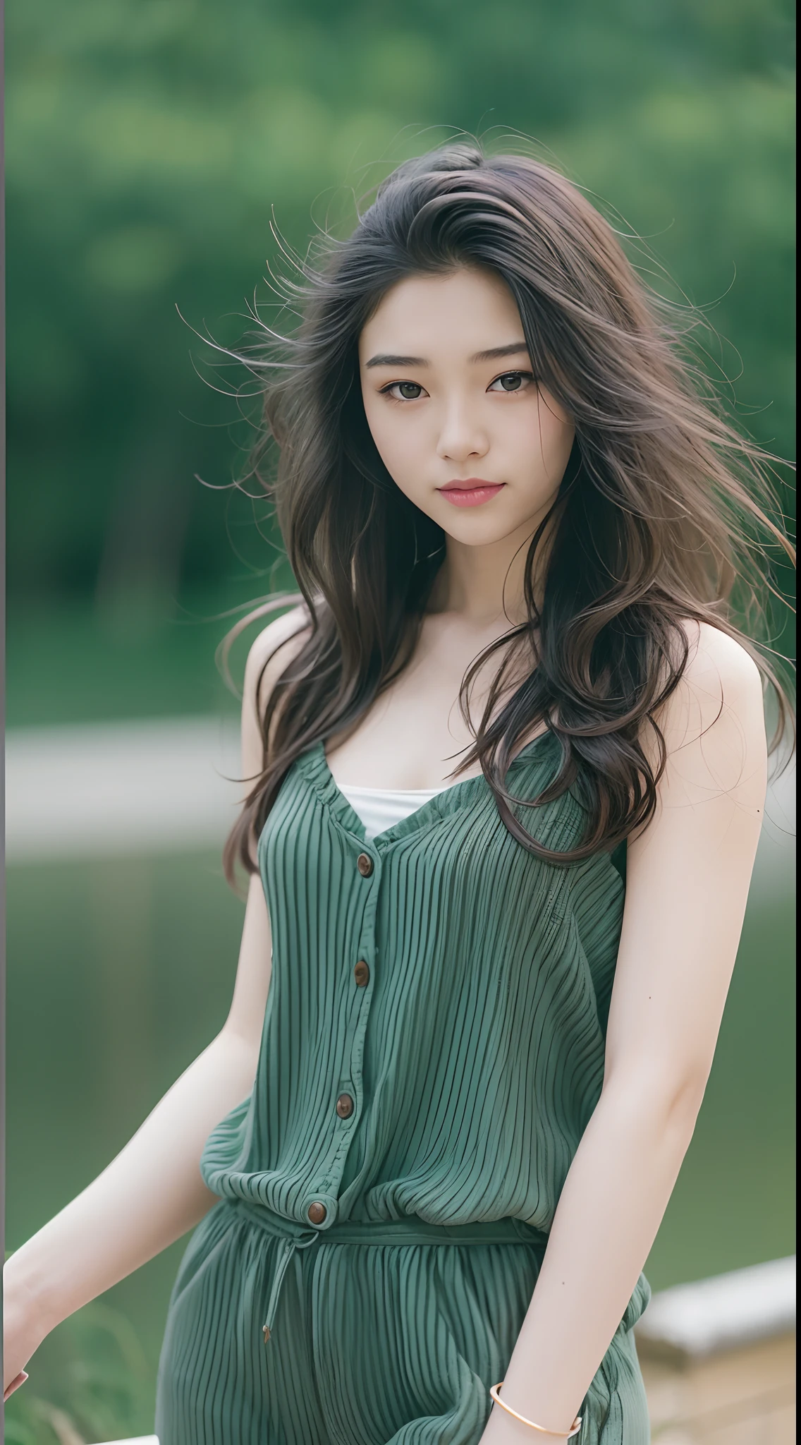 21 year old girl,独奏、Smirk,semi long hair、Curly hair,Retro,Film Grain Beautiful Landscape、Model body type、Slimed、A slender、beauty legs、Height 171 cm、a small face、realistic skin textures、Camisole、short pants、sandal、sano、innocence