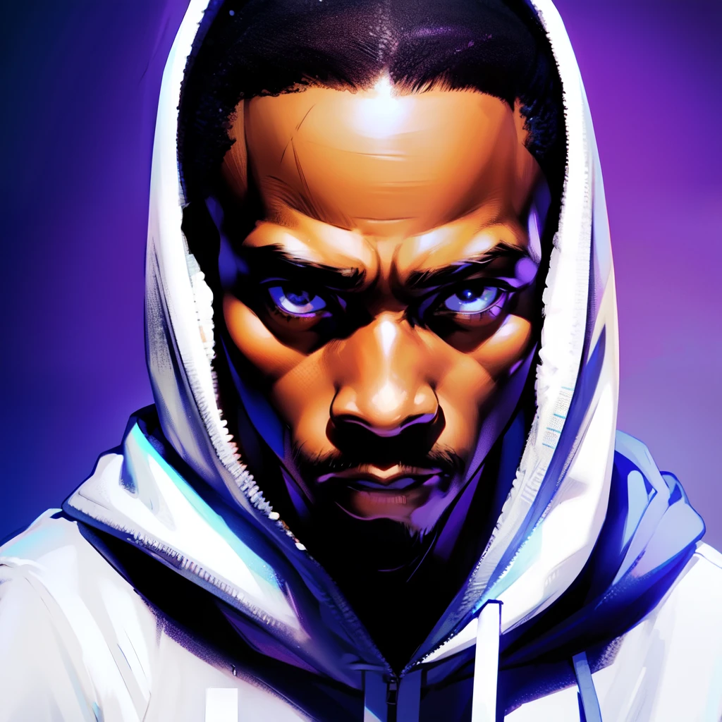 there is an African man in a hoodie looking up at the camera, low quality footage, low quality video, very very low quality picture, selfie, profile picture, looking defiantly at the camera, looking away from camera, showing forehead, hood and shadows covering face, anime