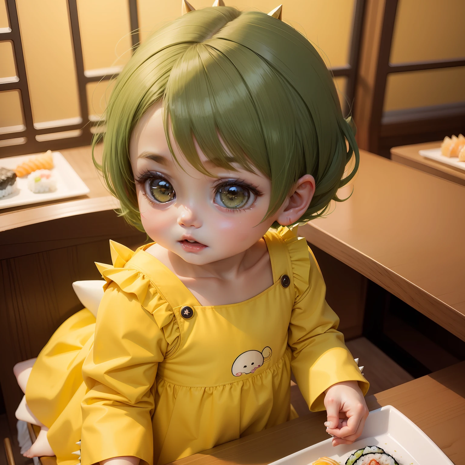 Cute Baby Chibi Anime,Pearl Yellow Dress,dark green spiky hair,Inside a high-class sushi restaurant