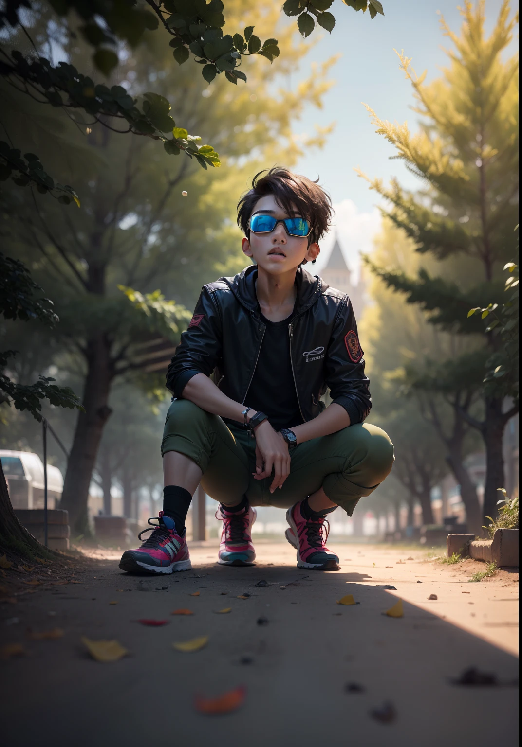 Playground AI A teen boy with a short brown hair and a black jacket with a black goggles