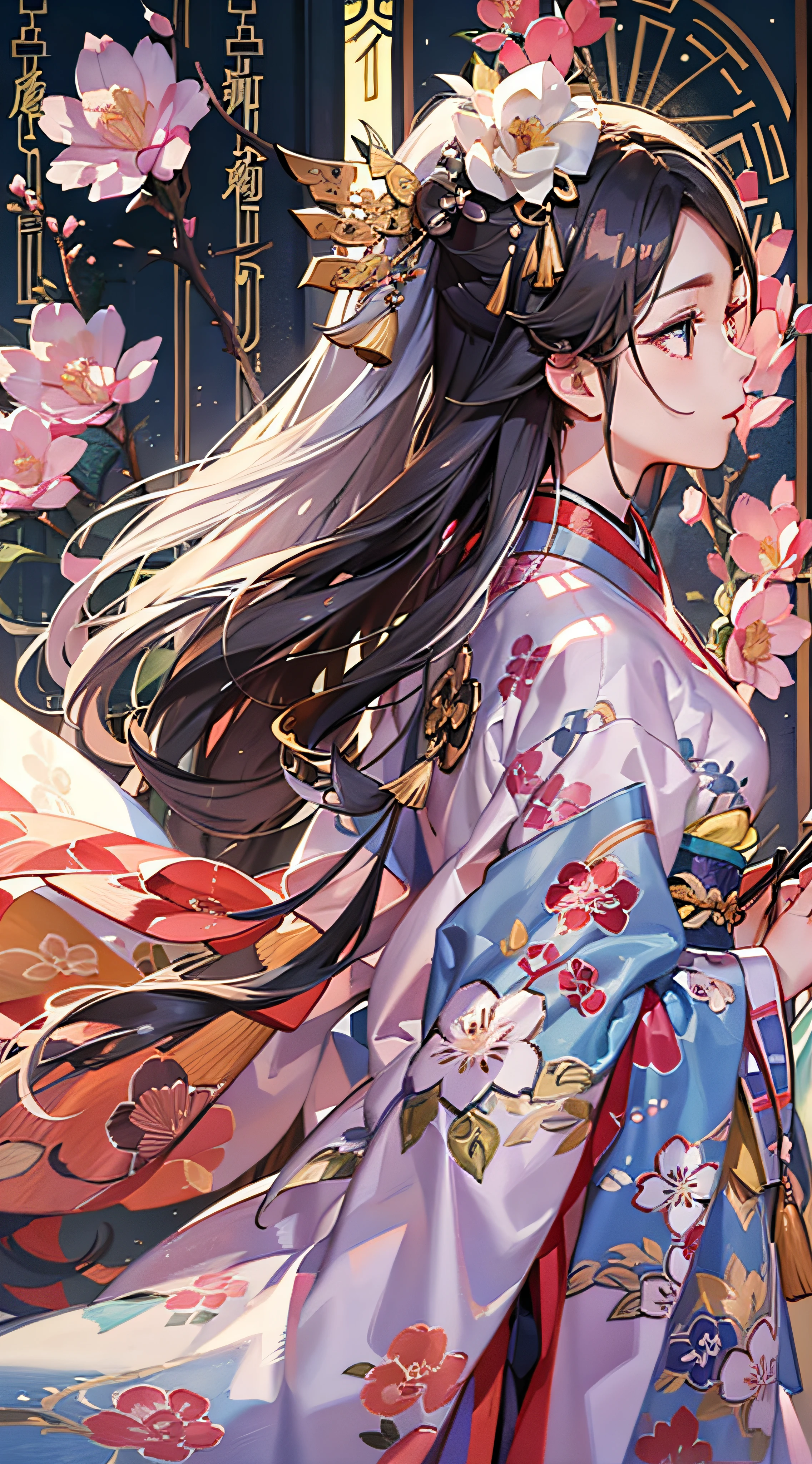 Kimono girl,Hanfu girl,back-to-back,(Masterpiece:1.2), Best quality, (illustration:1.2), (Ultra-detailed), 超详细信息, (细腻细致), (Intricate details), (Cinematic light, 最优质的背光), 清晰的线条, From below, perfect bodies,Beautifully detailed eyes,(2girls),Splendid palace,High contrast, (Best illumination, an extremely create and beautiful), ((Cinematic light)), Bright colors