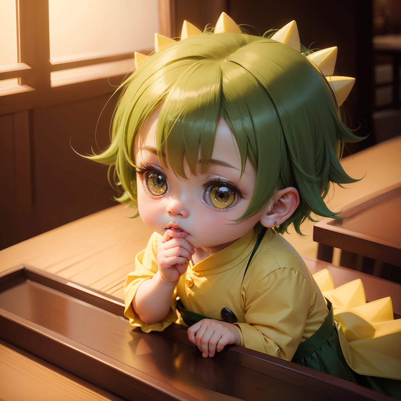 Cute Baby Chibi Anime,Pearl Yellow Dress,dark green spiky hair,Inside a high-class sushi restaurant