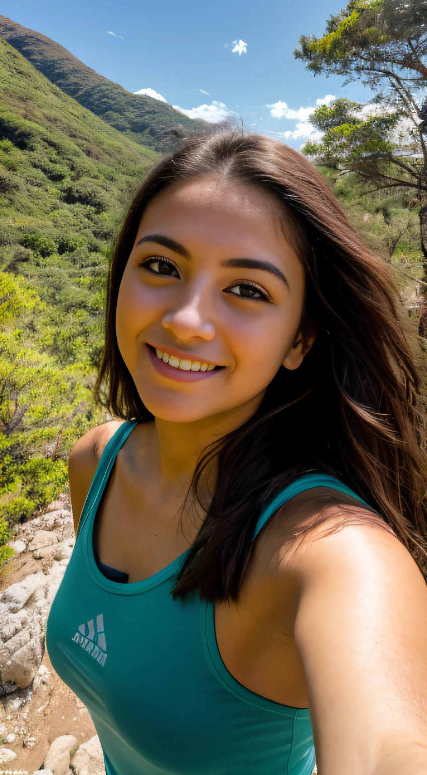 Foto RAW em sequencia, uma foto de uma adolescente 16anos, ((selfie da parte superior do corpo, feliz)), rosto detalhado, planos de fundo detalhados pouco desfocados, luzes naturais, HDR, foto realista, foto profissional, flerte com o espectador, visual sexy, fotorrealista, Linda, pele natural, 8k UHD, alta qualidade, filmic grain, Fujifilm XT3, hiking on the mountain