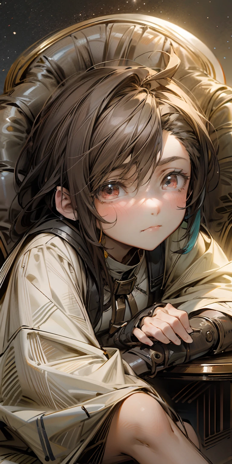 Modern life,A boy with a slightly round face,brown hair,Sat down in his chair with a sad face,Looking sadly at the sky。