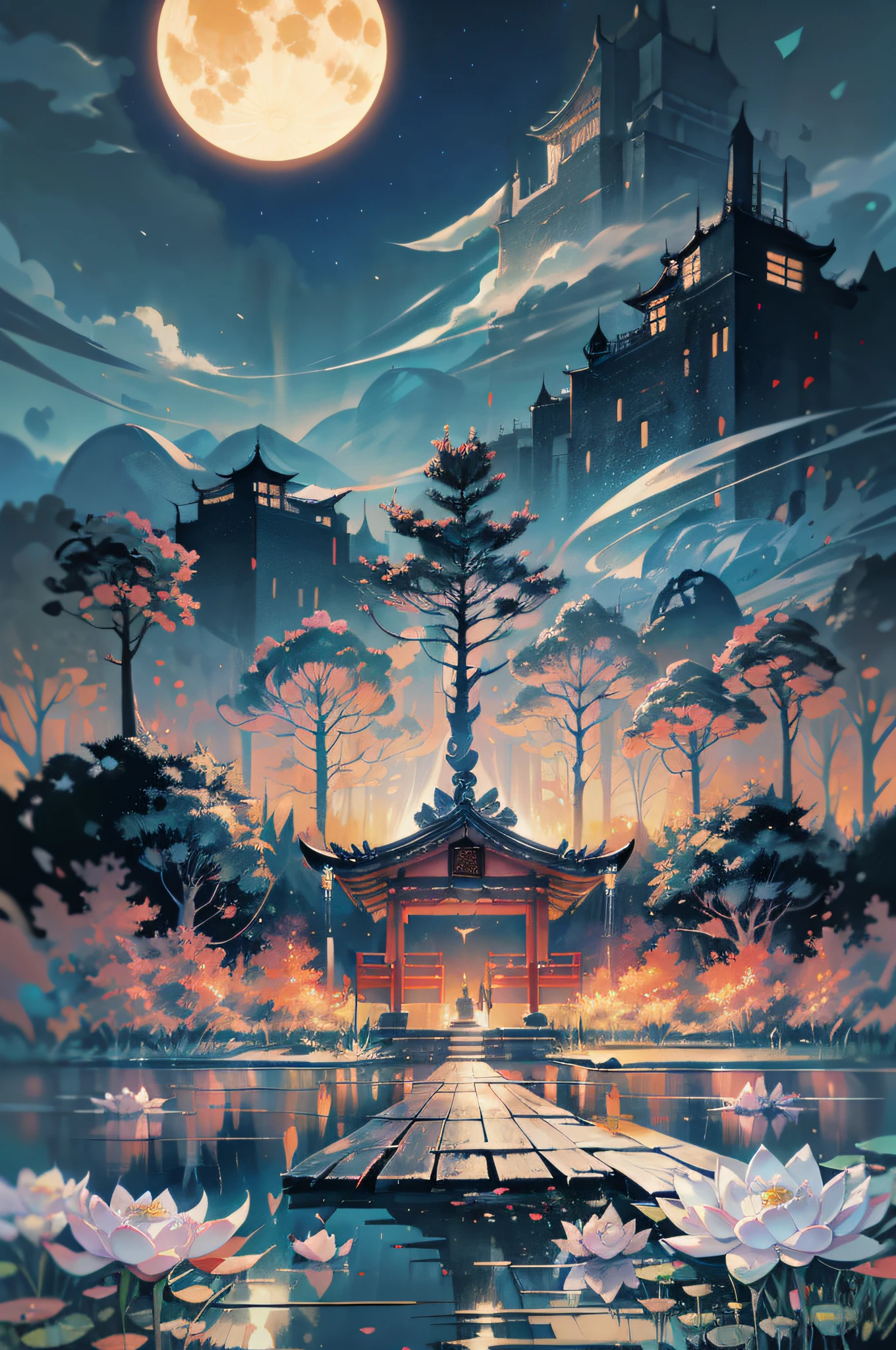 Japanese temple painting with full moon as background, jen bartel, studio ghibli and dan mumford, dan mumford tom bagshaw, A beautiful artwork illustration, andreas rocha style, stunning art style, digital painting of a pagoda, inspired by Andreas Rocha, cyberpunk chinese ancient castle, Beautiful art UHD 4 K, Rosla global lighting