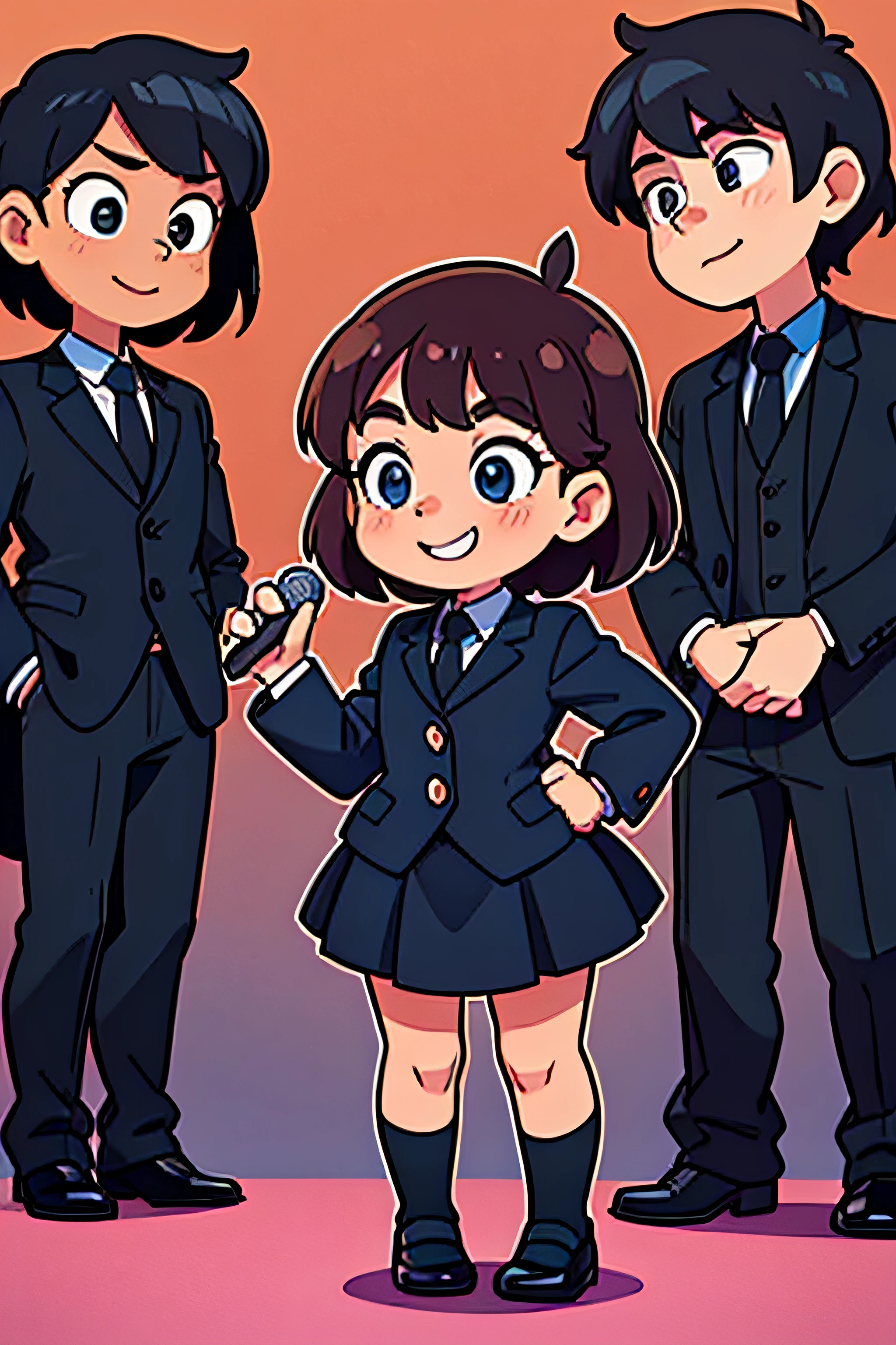 A playful and cute little girl and a cute little boy in black business clothes，standing on your feet，Full body photo，Q version，holding a mic，Interview another person with a smile