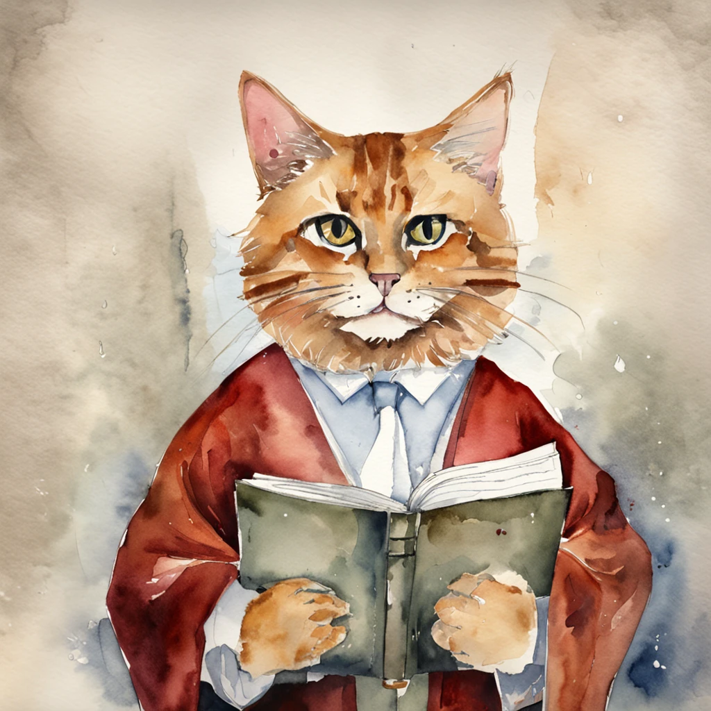 cat in lawyer robe front face holding documents in court room