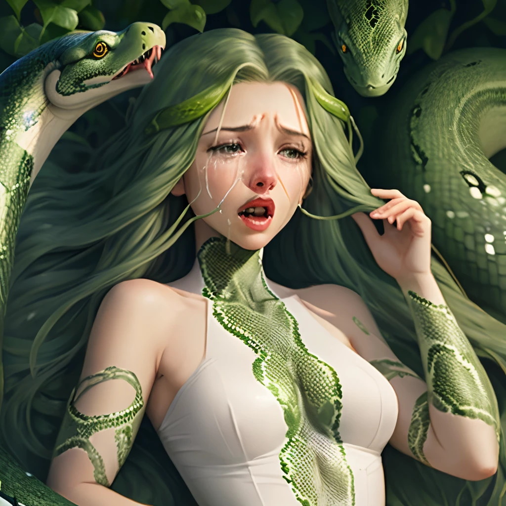 Megan Williams, ultra detailed face, ultra detailed green eyes, hair bangs ponytail, (side view), (((lamia, masterpiece)))