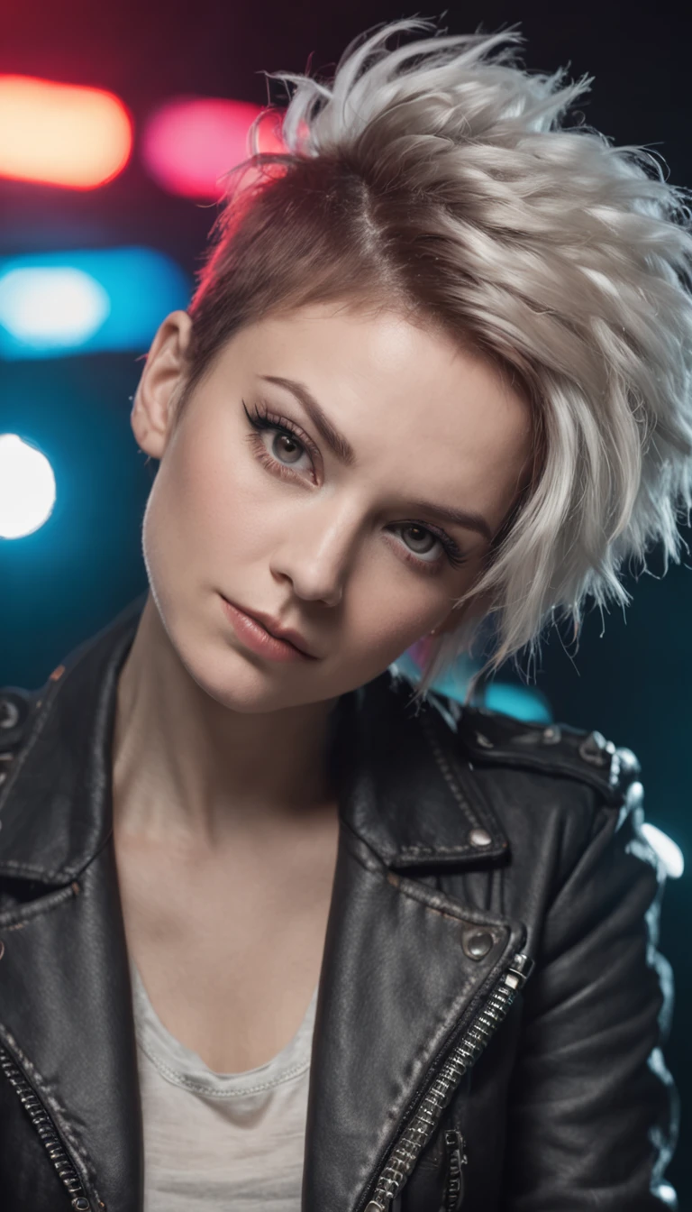 (Outstanding、Professional)、female punk rocker playing keyboards in a crowded arena live concert, short messy hair, ((tattoos)), ((piercings)), heavy make up, stack of synths in the background
