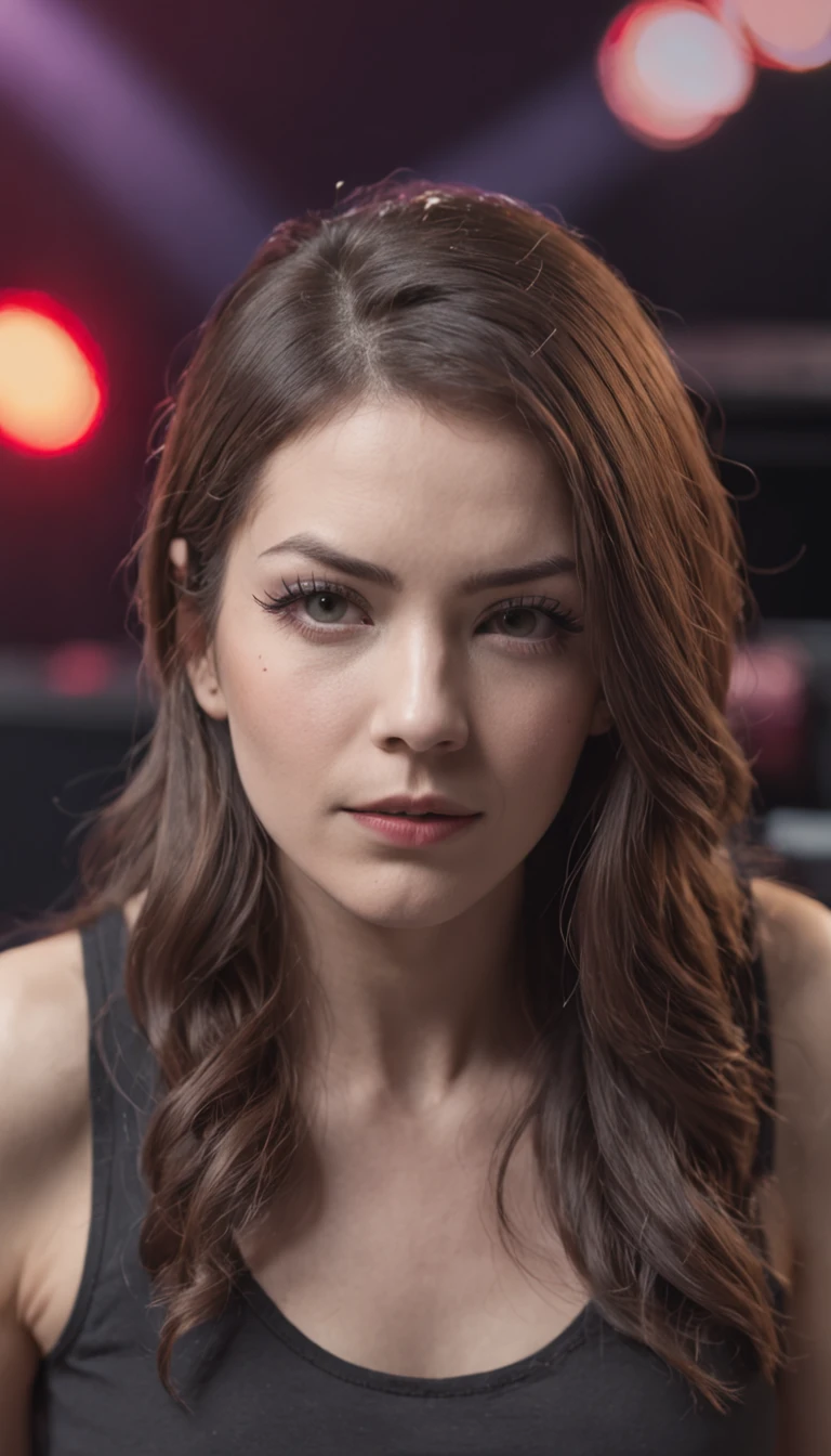 (Outstanding、Professional)、female punk rocker playing keyboards in a crowded arena live concert, short messy hair, ((tattoos)), ((piercings)), heavy make up, stack of synths in the background