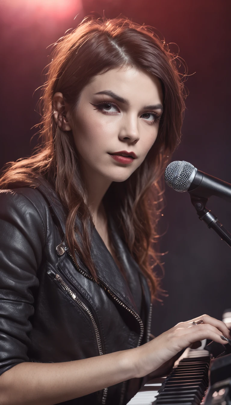 (Outstanding、Professional)、female punk rocker playing keyboards in a crowded arena live concert, short messy hair, ((tattoos)), ((piercings)), heavy make up, stack of synths in the background