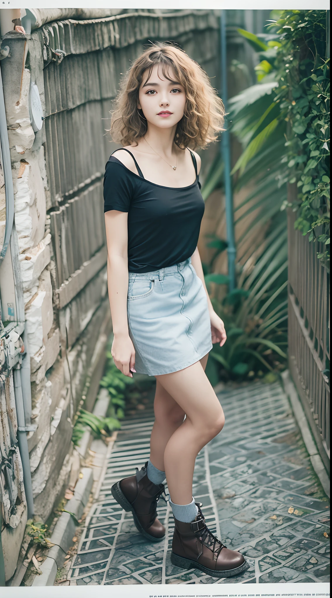 21 year old girl,Smirk,Curly hair,Retro,Film Grain Beautiful Landscape、Model body type、Slimed、A slender、beauty legs、Height 171 cm、a small face、realistic skin textures、camisole、a miniskirt