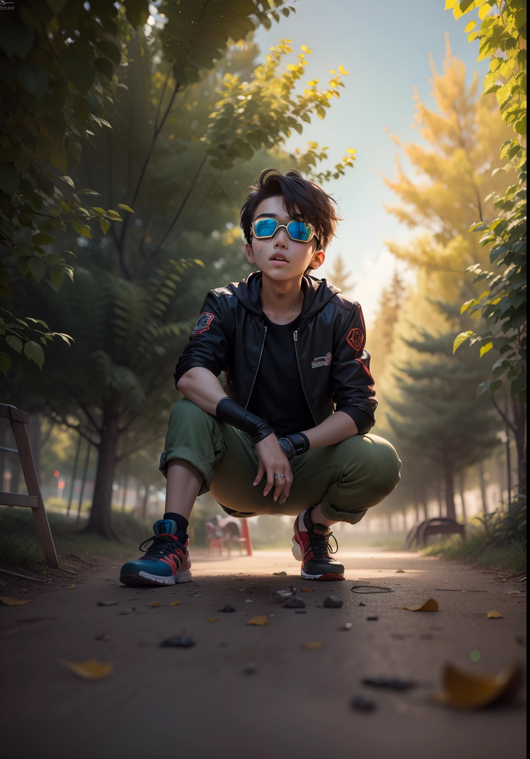 Playground AI A teen boy with a short brown hair and a black jacket with a black goggles