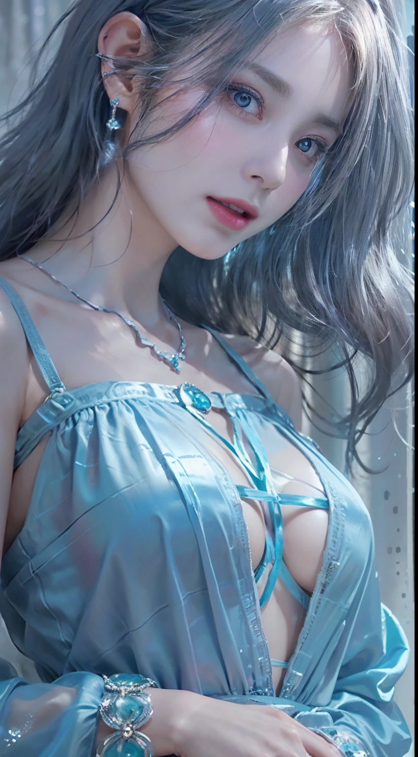 Close up portrait of woman in blue dress leaning against wall, Wearing a blue dress with ultra-thin fabric, in blue dress, Bright blue shiny lingerie, wearing blue dress, Icy Blue Dress, sky - blue dress, wearing a blue dress, translucent silky dress, in a blue qipao, Blue Dress, tall thin beautiful goddess, Dressed in blue, beautiful silky dress、((Ultra-thin fabric sticks to the body、show through、no-bra、Nipple ring))、Perfect body with realistic shades、translucent white skin、shiny white skin、Smooth white tight clothes suit、Photo by Fujifilm X-T3、(Photorealsitic:1.4)、(masuter piece:1.3)、 (intricate-detail:1.2), (crisp photos)、Raw photo, (top-quality, masterpiece:1.2),(intricate detailes:1.4),(octane renderings, Complex 3D rendering ultra detail, Studio Soft Light, Rim Lights, vibrant detail, Super Detail, realistic skin textures, Detail Face, Beautiful detail eyes, Very detailed CG Unity 16k wallpaper, make - up, (detailedbackground:1.2), shinny skin、(In SFW)
