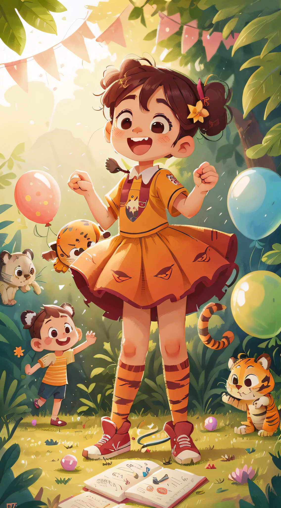 A tiger,zoo,Many balloons,cheerfulness,rejoice,Perfect quality,Clear focus(Clutter - home:0.8), (masterpaintings:1.2) (realisticlying:1.2) (bokeh) (Best Quority) (detailedskin:1.3) (complexdetails) (8K) (detailedeyes) (Sharp focus),(having fun)body complet,Two littleds,the background is clean,Vista composition,85MM LENS