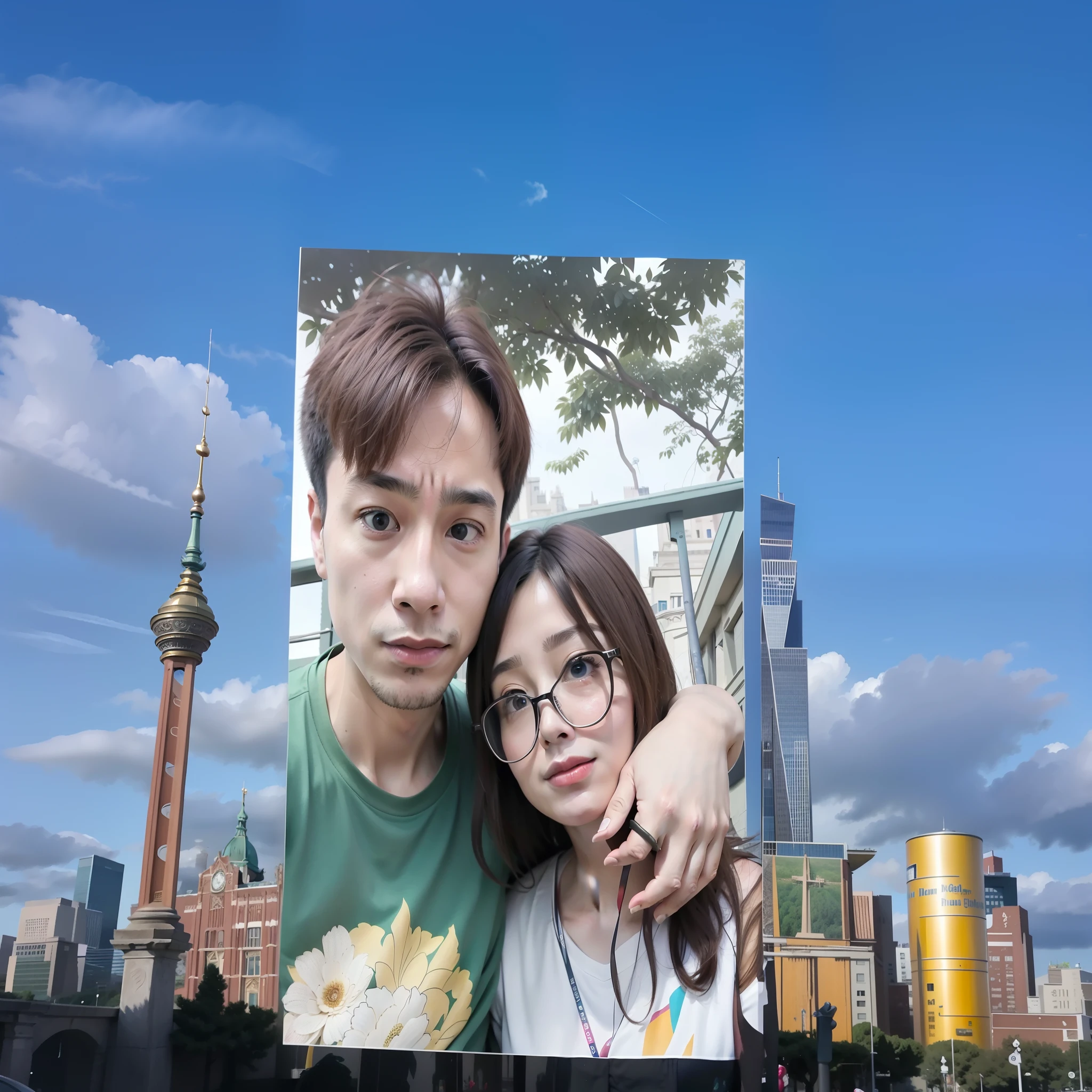 Two people posed for a photo in front of a photo of the city, 8k selfie photograph, Ruan Jia and Fenghua Zhong, very very low quality picture, long distance photo, vacation photo, low quality photo, photograph taken in 2 0 2 0, cute couple, low quality photo, A picture, park in background, With sunset