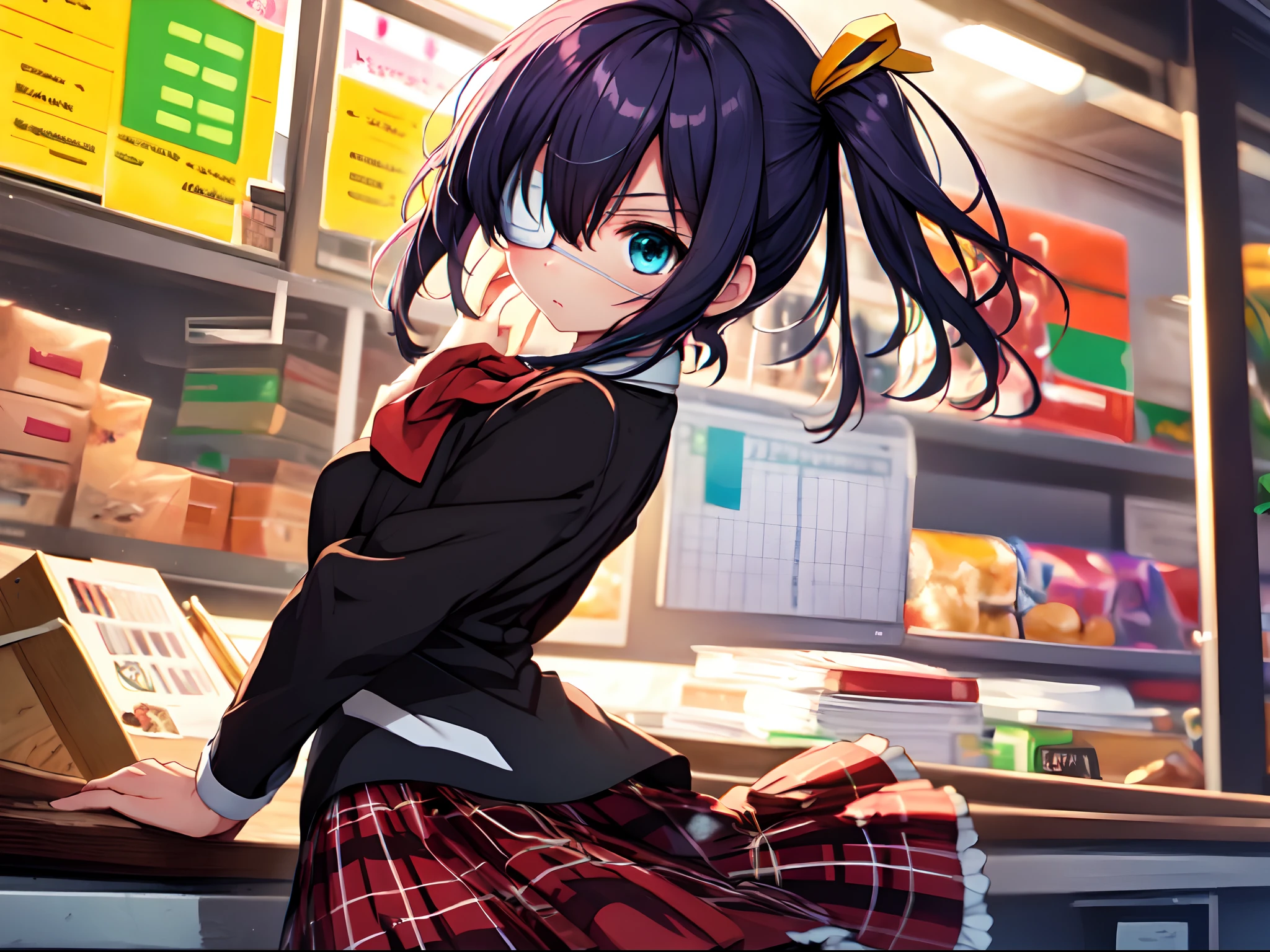 (masterpiece, best quality:1.2), cowboy shot, solo, 1girl, takanashi rikka, expressionless, looking at viewer, arms behind back, one side up, ahoge, blue eyes, medical eyepatch, school uniform, jacket, plaid skirt