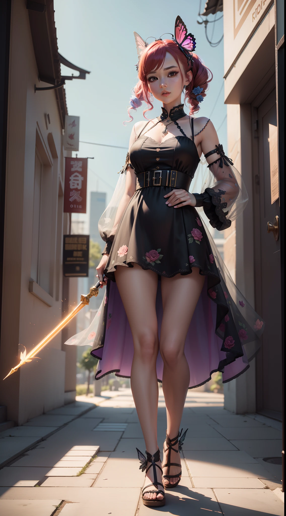 {{Photorealistic}}, Full body photo,Magic wand,1girll,Transparent colorful wings,redheadwear,butterfly hair ornaments,Floral hair ornaments,sandals,,pendant,Colorful cocktail dress,Loose-fitting sleeved jacket,rosette,Perfect detailed face, stunning realistic photograph, a 3D render, rendering by octane, intricately details, Cinematic, trending on artstationh, isometry, hyper HD, 8K, Unreal Engine 5, super sharp focus, masterpiece of intricate artwork。In the Sky City。