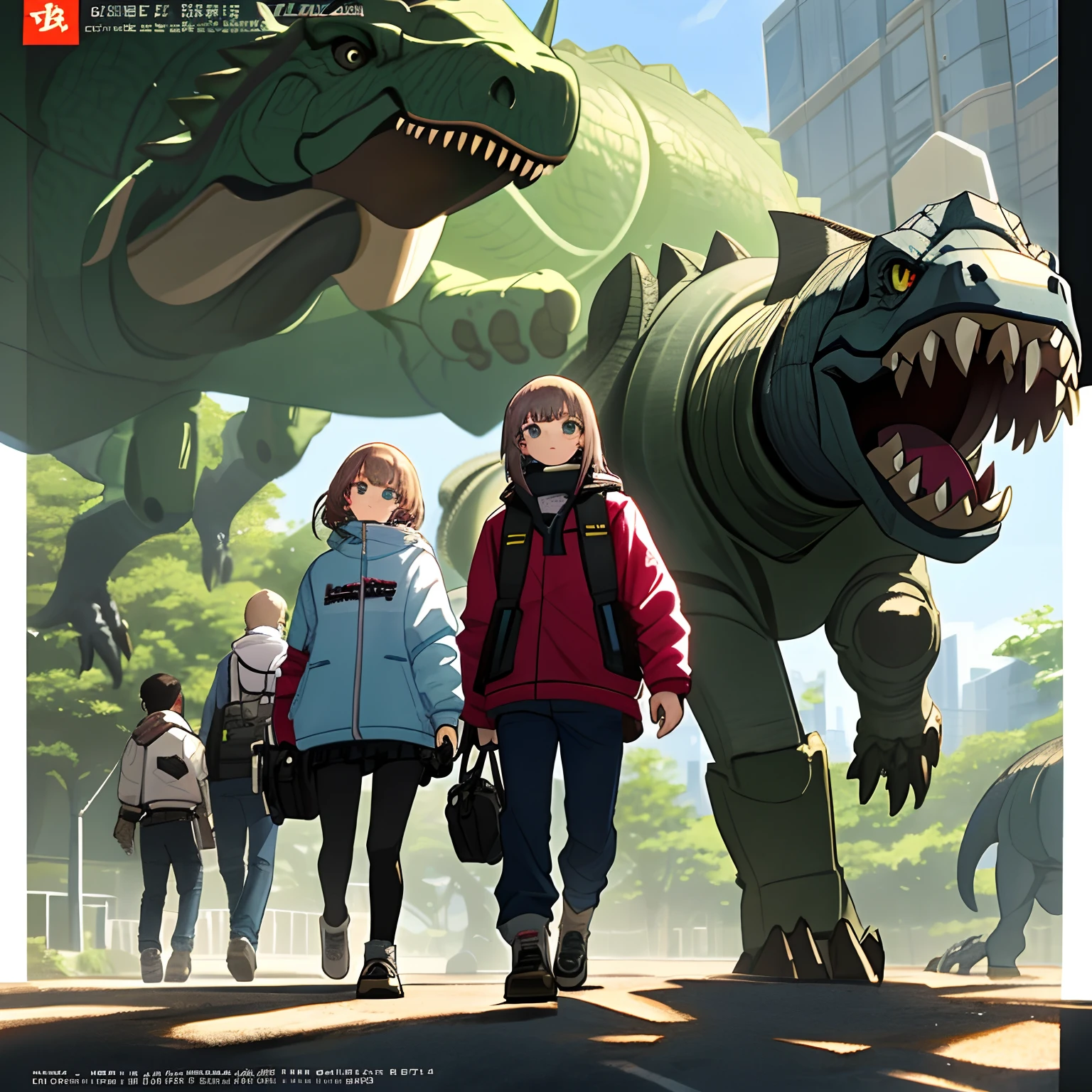 Cyber，mechs，teens girl，dinosaurs，城市