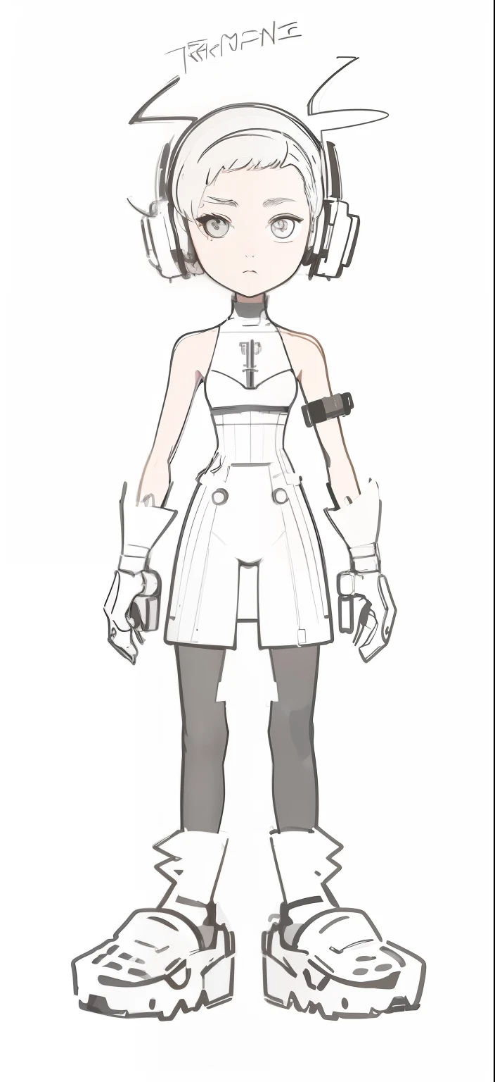 a drawing of a girl in a dress and headphones, clear outfit design, full body concept, outfit design, stylized proportions, cyborg merchant girl, heavily stylized, detailed full body concept, cypherpunk fashion illustration, thick outline, clothing concept, full body character concept, full body character drawing, concept character, unrealistic character concept, sharp lineart