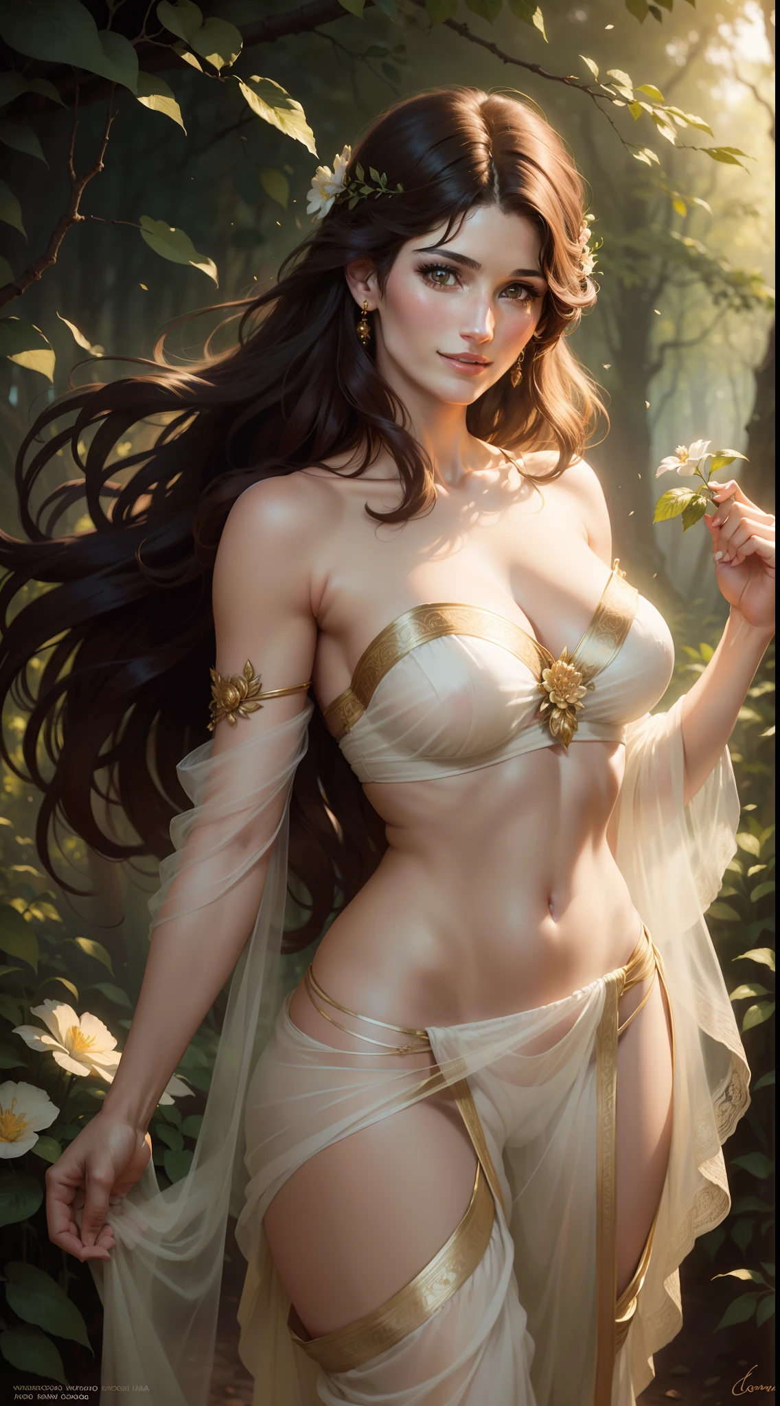 Gemma Arterton, young, beautiful, standing in a forest, wearing a crumpled strapless bra and a transparent dhoti, picking flowers, smiling, wearing floral ornaments, flower in hair, long dark brown flowing hair, detailed, photorealistic artwork by Louis Royo, by Boris Vallejo, by Frank Frazetta