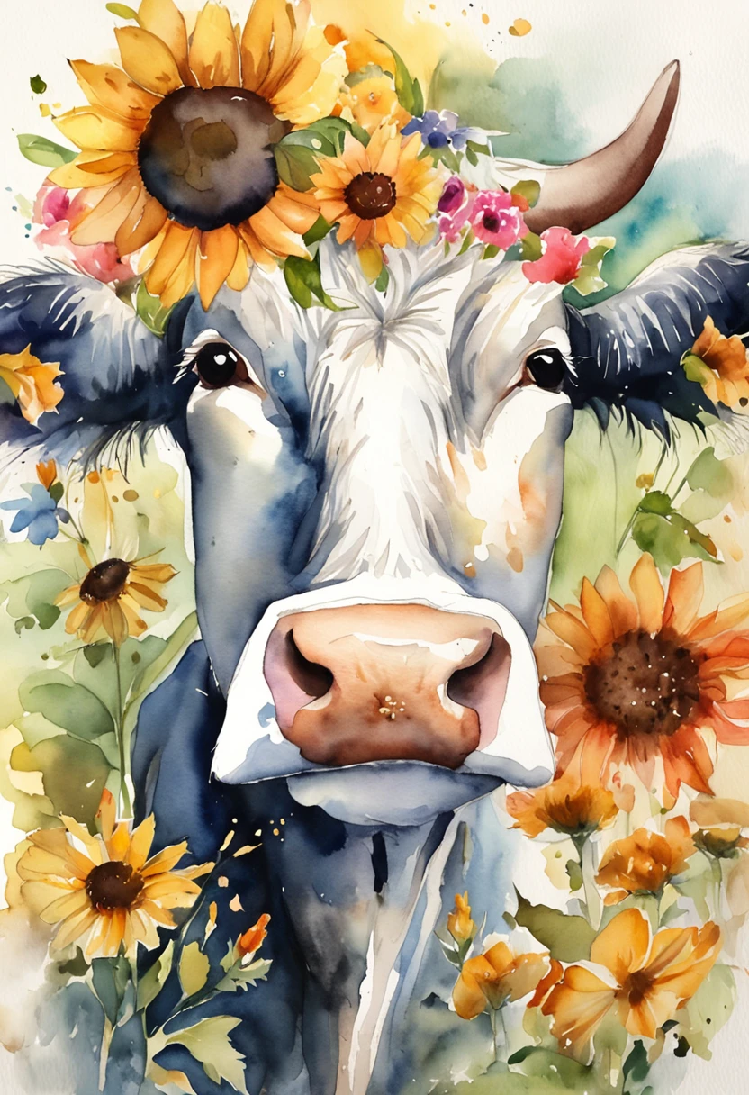 A lovely cow，Sunflowers are worn on the head，Positive perspective，cow head，