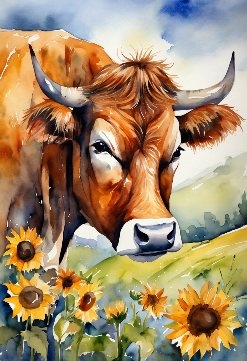 A lovely cow,Sunflowers are worn on the head,Positive perspective,cow head,