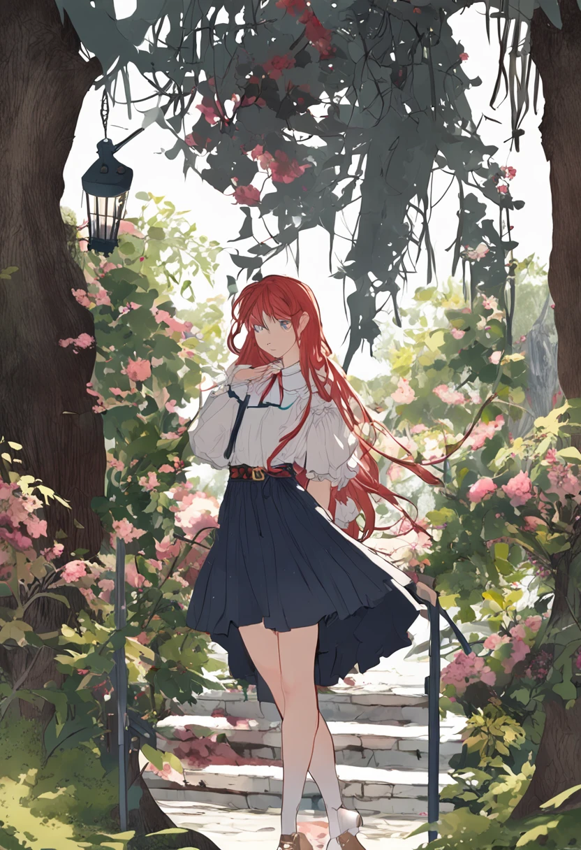 [(white background:1.4)::0.4],(masterpiece:1.2),(best quality:1.2),1girl,(full body:1.2),standing,solo,beautiful and delicate face,expressionless,blue eyes,eyeliner,looking at viewer,long hair,(red hair),bangs,hair between eyes,legendary,skirt,black over-kneehighs socks,flower,outdoors,tree,[(white background:1.4)::0.4],(masterpiece:1.2),(best quality:1.2),1girl,(full body:1.2),standing,solo,beautiful and delicate face,expressionless,blue eyes,eyeliner,looking at viewer,long hair,(red hair),bangs,hair between eyes,legendary,skirt,black over-kneehighs socks,flower,outdoors,tree,