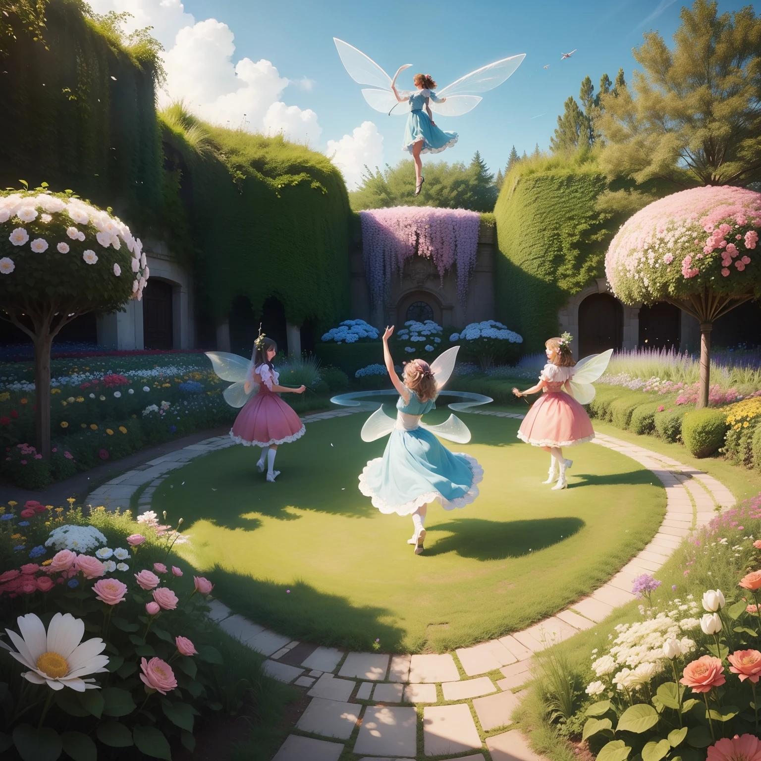 Huge garden，Several petite flower fairies fly over huge flowers，Magic wand in hand，Happy to get together and dance