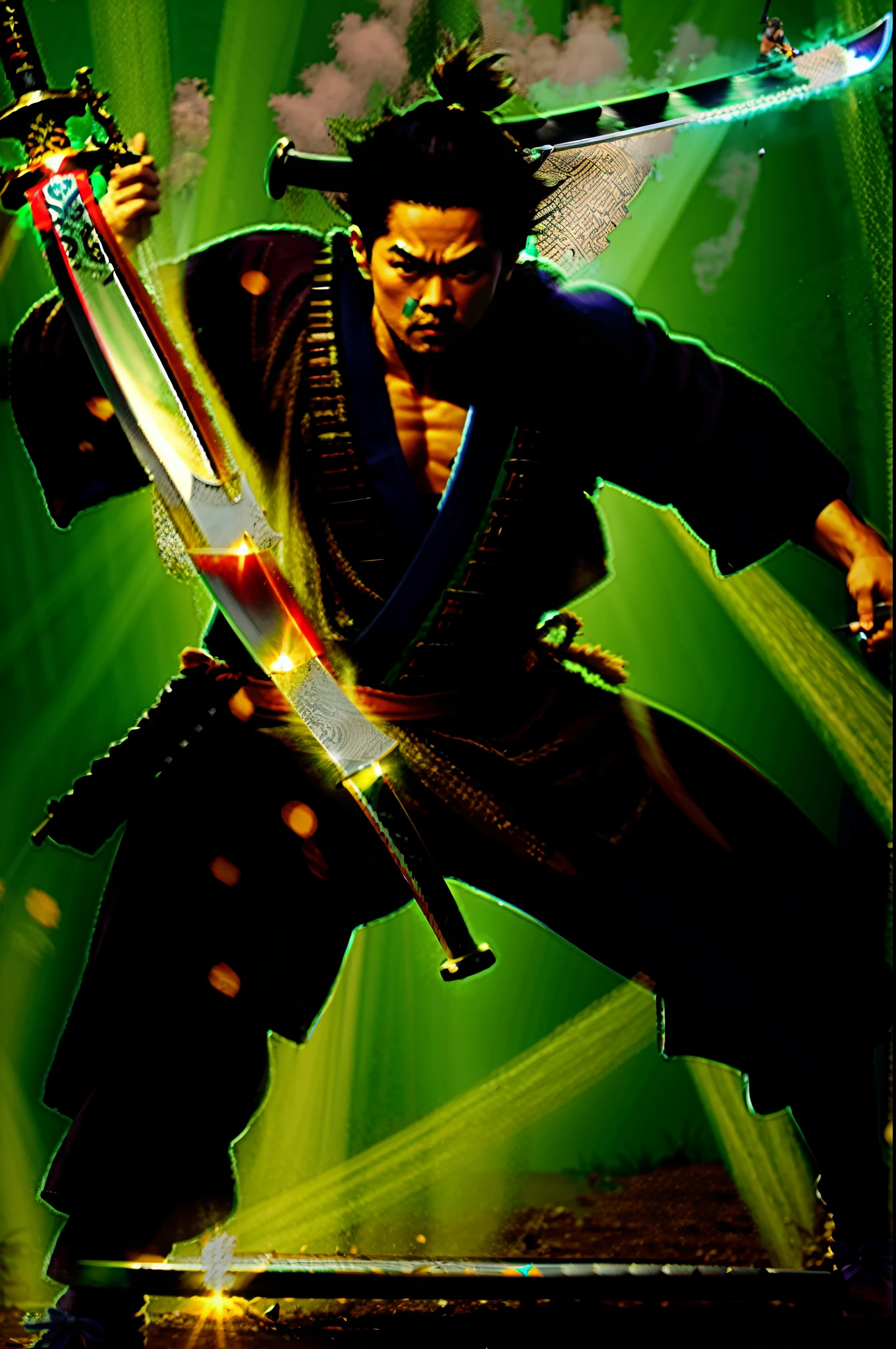 fullbody, voluptuously fit, bold curves, samurai sword, striking at the camera with a sword, charging, action scenes, slicing action. junglecore. natural sunlight, photorealistic son doong --ar 7:10