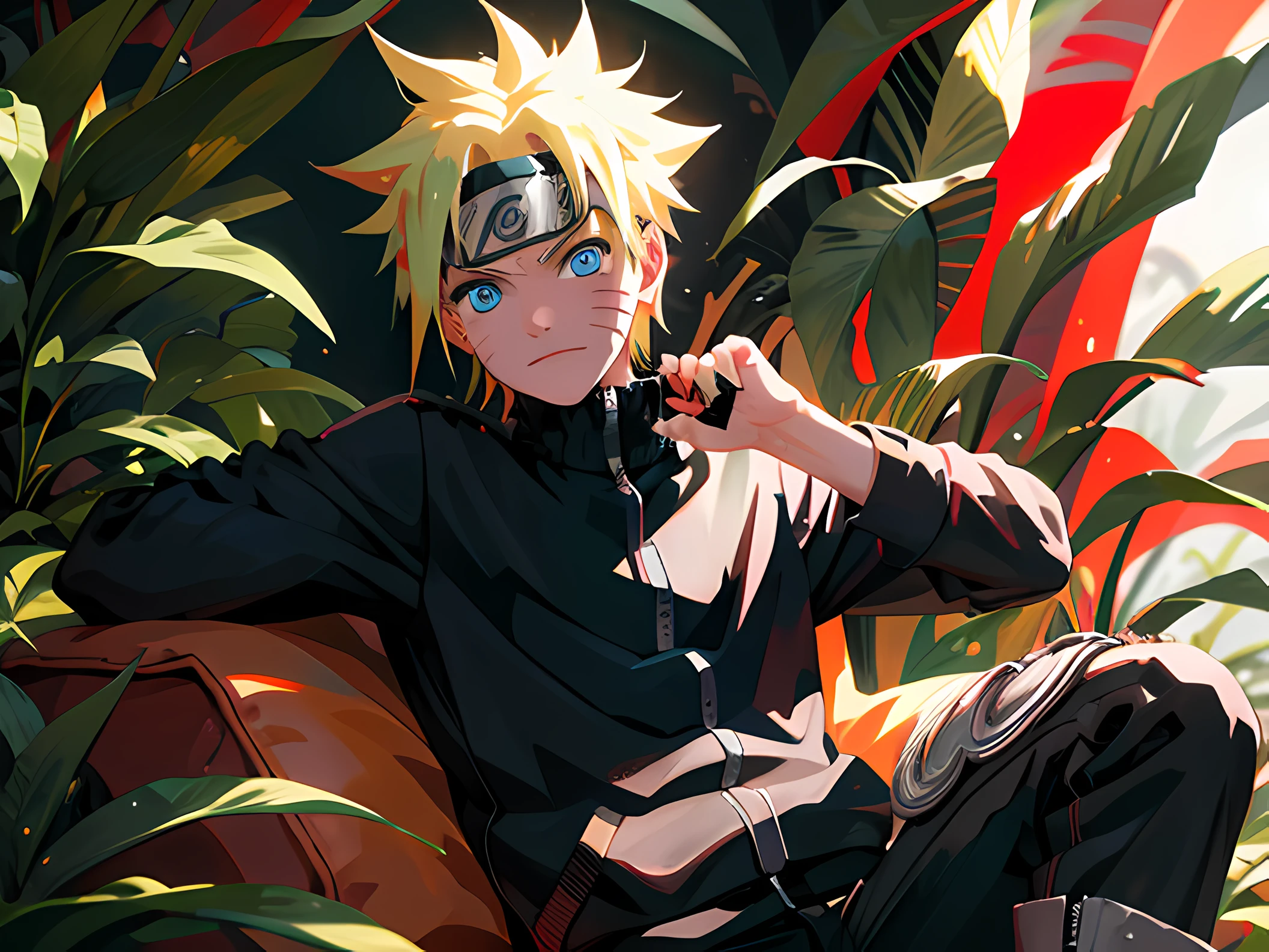 Portrait, neonlight, 1 boy, Junior style, Pointy blonde hair, Scratches on Cheeks, Black and red clothes, Leather jacket, Jeans, Boots, hijabi sluty, Cool, Blue eyes, full bodyesbian, Color --Name Naruto Uchiha --Jungle background with exotic animals and colorful plants