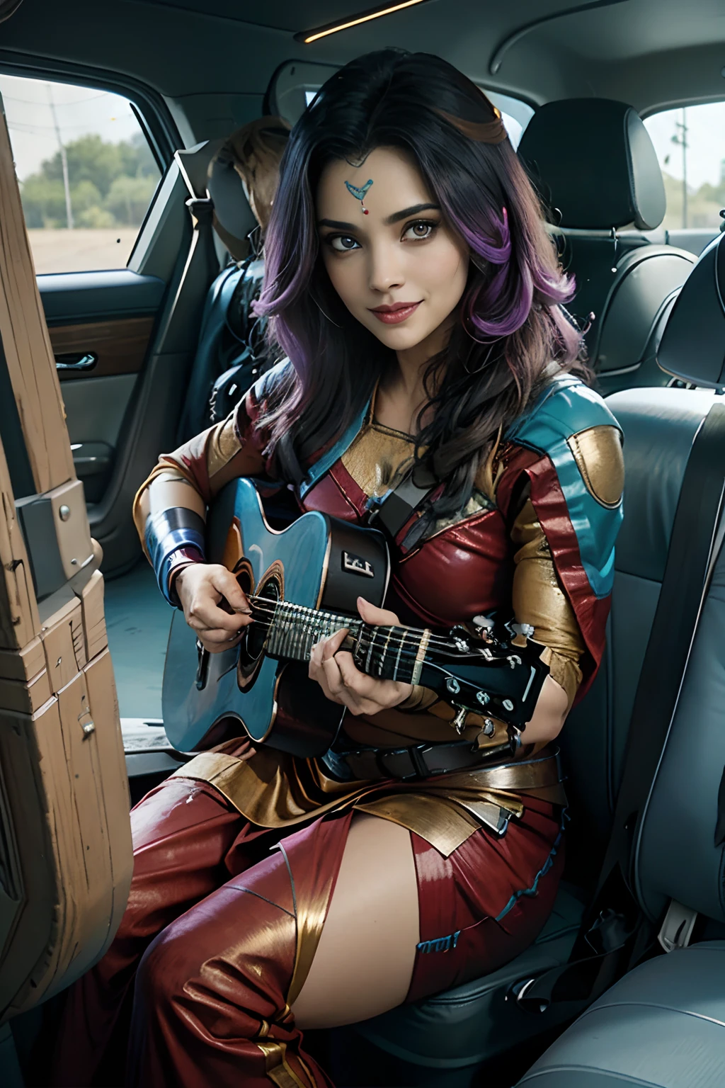 Guardian of the galaxy, Rocket playing guitar on, old dodge muscle car, with gamora dance with indian costume, smiling, groot playing piano,