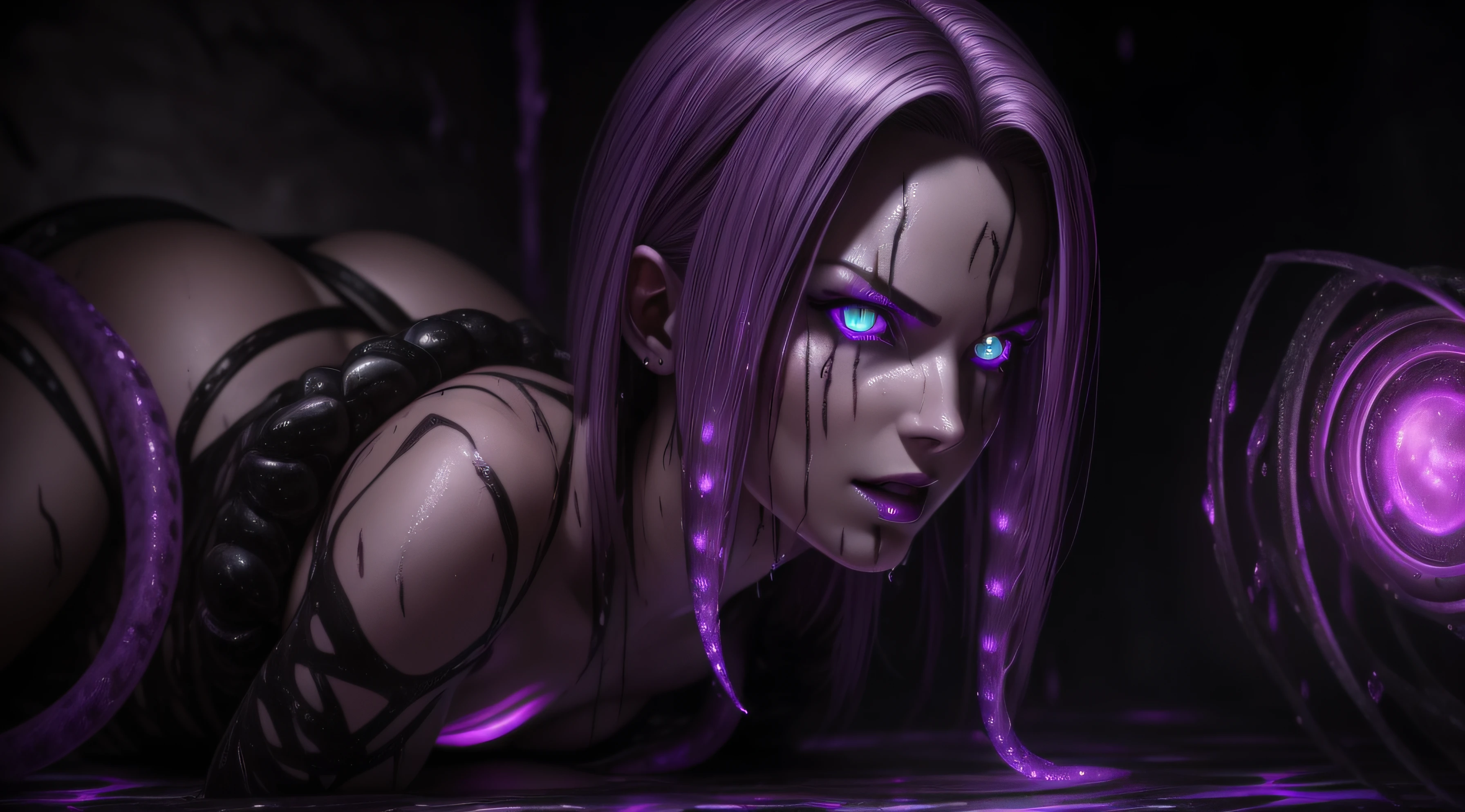sexy android 18, Glow, seductive, glowing purple eyes , sexy , (ultra photorealistic:1.3), (masterpiece:1.4), best quality, ((realistic)), high quality, ultra detailed, ((real image)), ((realistic skin)), ((realistic face)),(illustration:1.05), (beautiful:1.05), (beautiful detailed eyes:1.05), (cinematic light:1.1), Extremely realistic , evil , wet ,corrupted , black veins ,parasites , dark energy , swarm, hive , grin , sadistic, wet ,portrait , purple glow ,possessed. lesbian, kissing , tentacle
