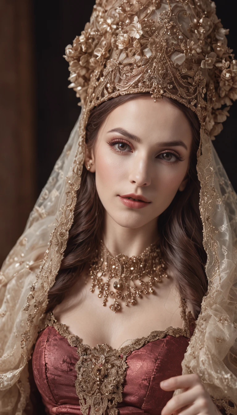 (Outstanding、Professional)、female elf courtisan in colorful veils sitting on an intricate chair