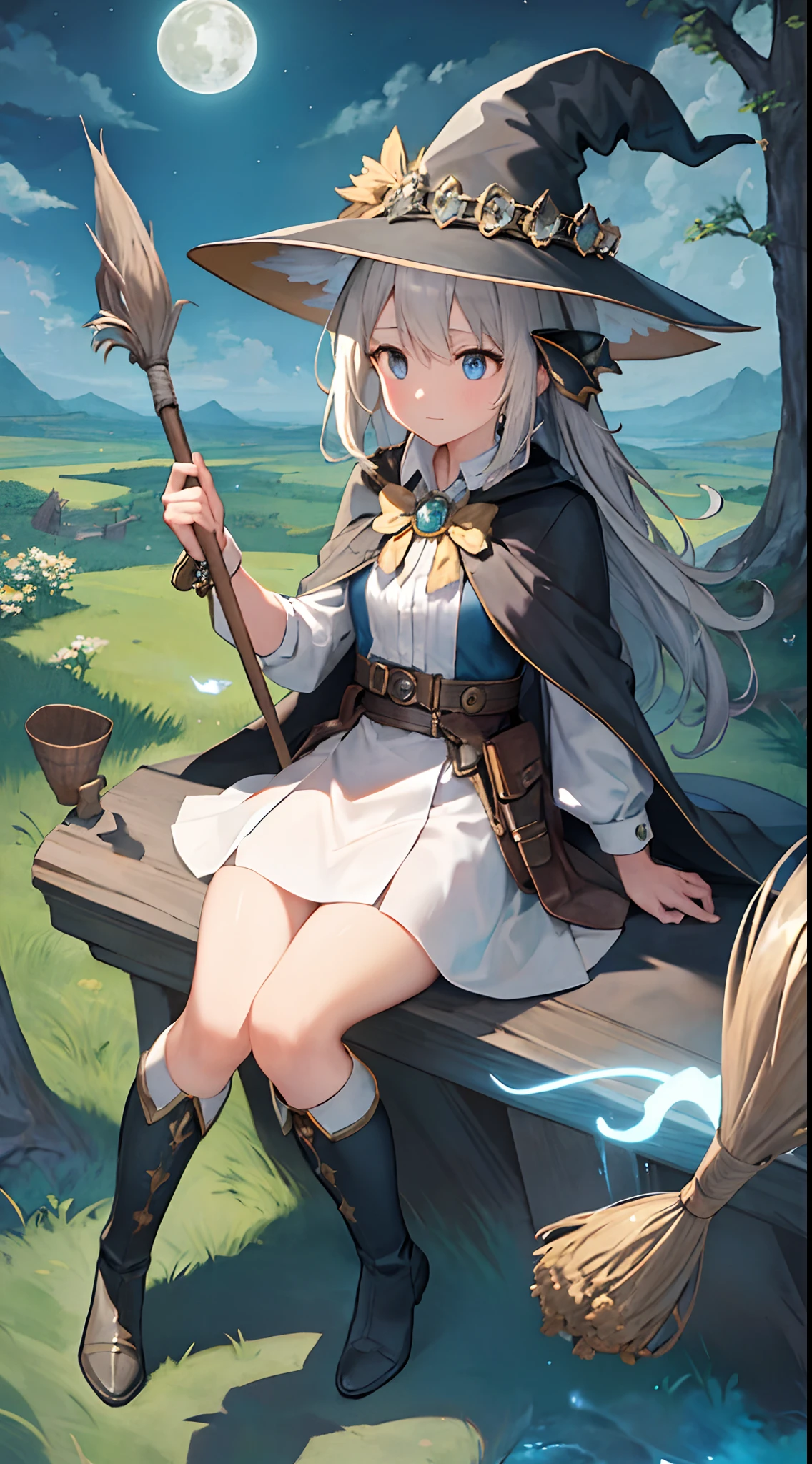 masterpiece, best quality, ultra-detailed, illustration, 1girl, solo, fantasy, flying, broom, night sky, outdoors, magic, spells, moon, stars, clouds, wind, hair, cape, hat, boots, broomstick, glowing, mysterious, enchanting, whimsical, playful, adventurous, freedom, wonder, imagination, determination, skill, speed, movement, energy, realism, naturalistic, figurative, representational, beauty, fantasy culture, mythology, fairy tales, folklore, legends, witches, wizards, magical creatures, fantasy worlds, composition, scale, foreground, middle ground, background, perspective, light, color, texture, detail, beauty, wonder. 4k resolution