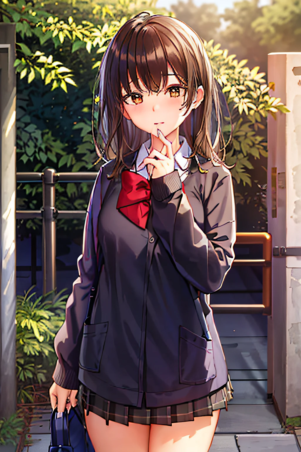 1girl in, 独奏, student clothes, long-sleeve, A dark-haired,Pure,Big eyes,skirt grey, red blush, (absurderes), (Hi-Res), looking at the viewers, Walking in the park, (Ultra detailed CG unified 8k wallpaper,​masterpiece, Top image quality, ultra-detailliert)