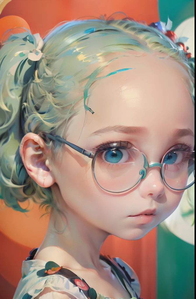 (Best quality), (masterpiece:1.3), (photorealistic:1.36), (realistic), ultra-detailed, 1mini girl, Loli (not large tasty:1.4, Small breasts), (((deep blue eyes), (Pale green hair, Short hair, forehead, Small pigtails), (red-rimed circle-glasses))), front lighting, leaning,