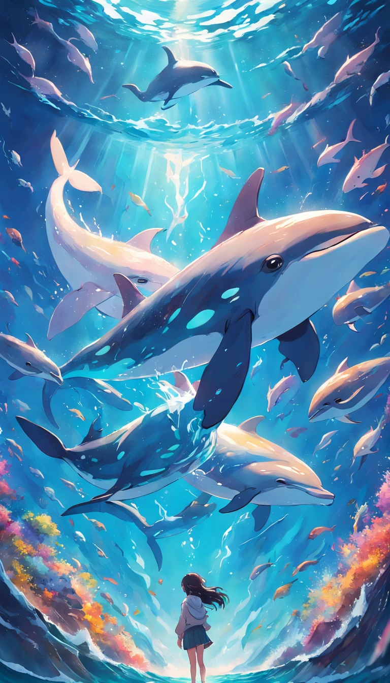 Painting of a pod of dolphins swimming in colorful ocean, Look up at the composition,sky whales, Inspired by Cyril Rolando, dreamy psychedelic anime, colorful anime movie background, A beautiful artwork illustration, author:Shitao, colorful concept art, Makoto Shinkai Cyril Rolando, In the style of Cyril Rolando, flying whale, Highly detailed watercolor 8K, highly detailed water colour 8 k,octane,Fine,Realistic,8K,Estilo de Makoto Shinkai( reasonable design, Clear lines, High sharpness,Best quality, Very detailed, Masterpiece, movie light effect, 4K )